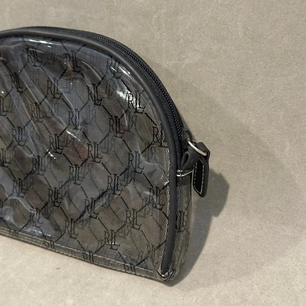 Lauren Ralph Lauren Clear RLL Monogram Cosmetic Bag Black Mesh Makeup Pouch Dome